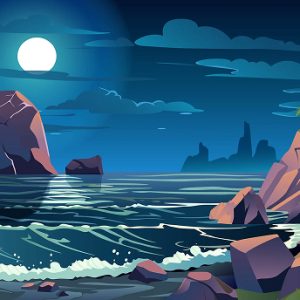 Moonlit Ocean Shoreline With Rocky Cliffs
