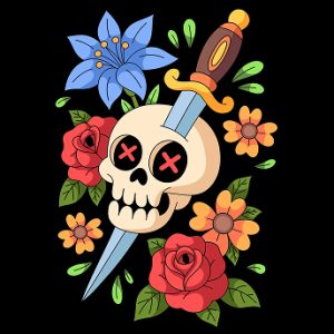 Skull And Dagger With Flowers