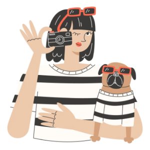 Young Woman Taking Selfie with Her Pug Dog